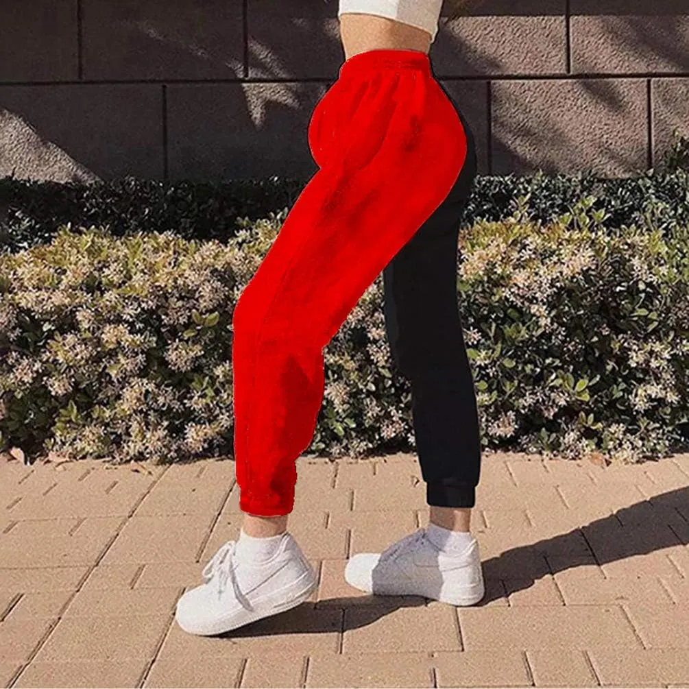 Meladyan Women's Elastic High Waist Joggers Baggy Pants Color Block Sweatpants with Pocketsc