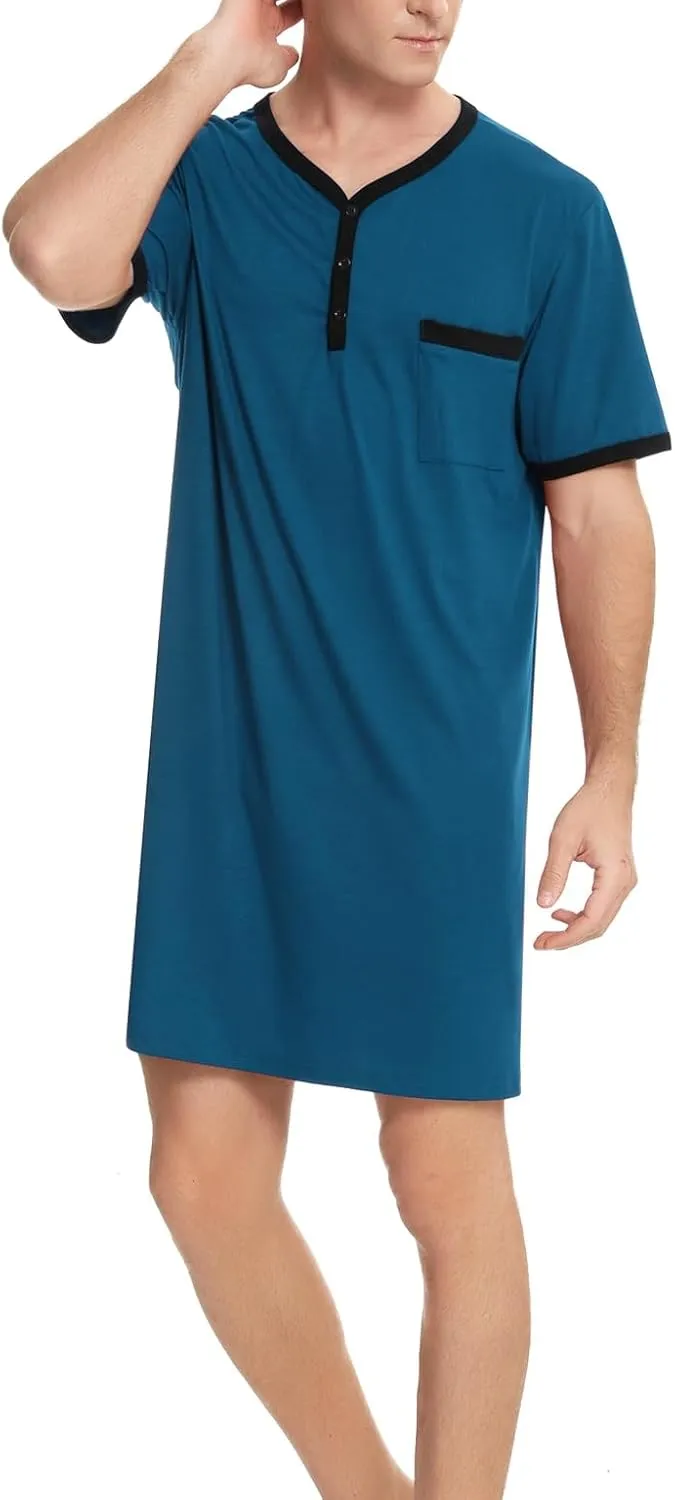 Men Short Sleeve Nightshirt Knee Length Nightgown Cotton Sleep Shirt Lounge Wear