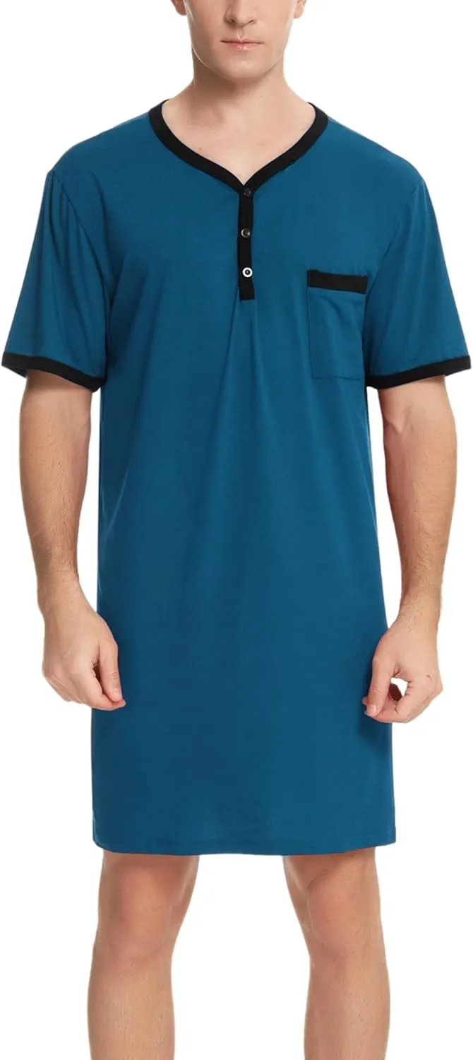 Men Short Sleeve Nightshirt Knee Length Nightgown Cotton Sleep Shirt Lounge Wear