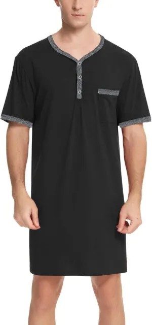 Men Short Sleeve Nightshirt Knee Length Nightgown Cotton Sleep Shirt Lounge Wear