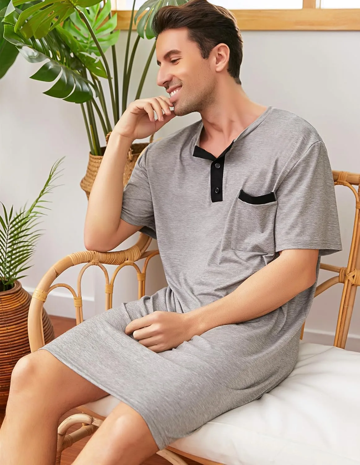 Men Short Sleeve Nightshirt Knee Length Nightgown Cotton Sleep Shirt Lounge Wear