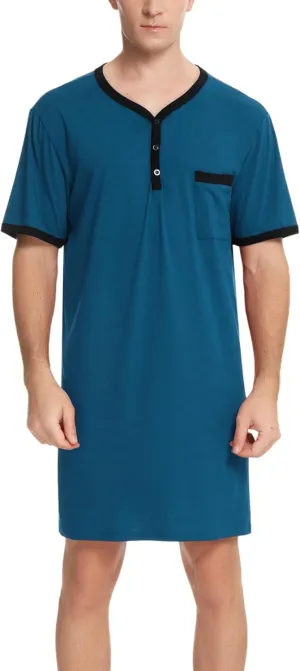 Men Short Sleeve Nightshirt Knee Length Nightgown Cotton Sleep Shirt Lounge Wear