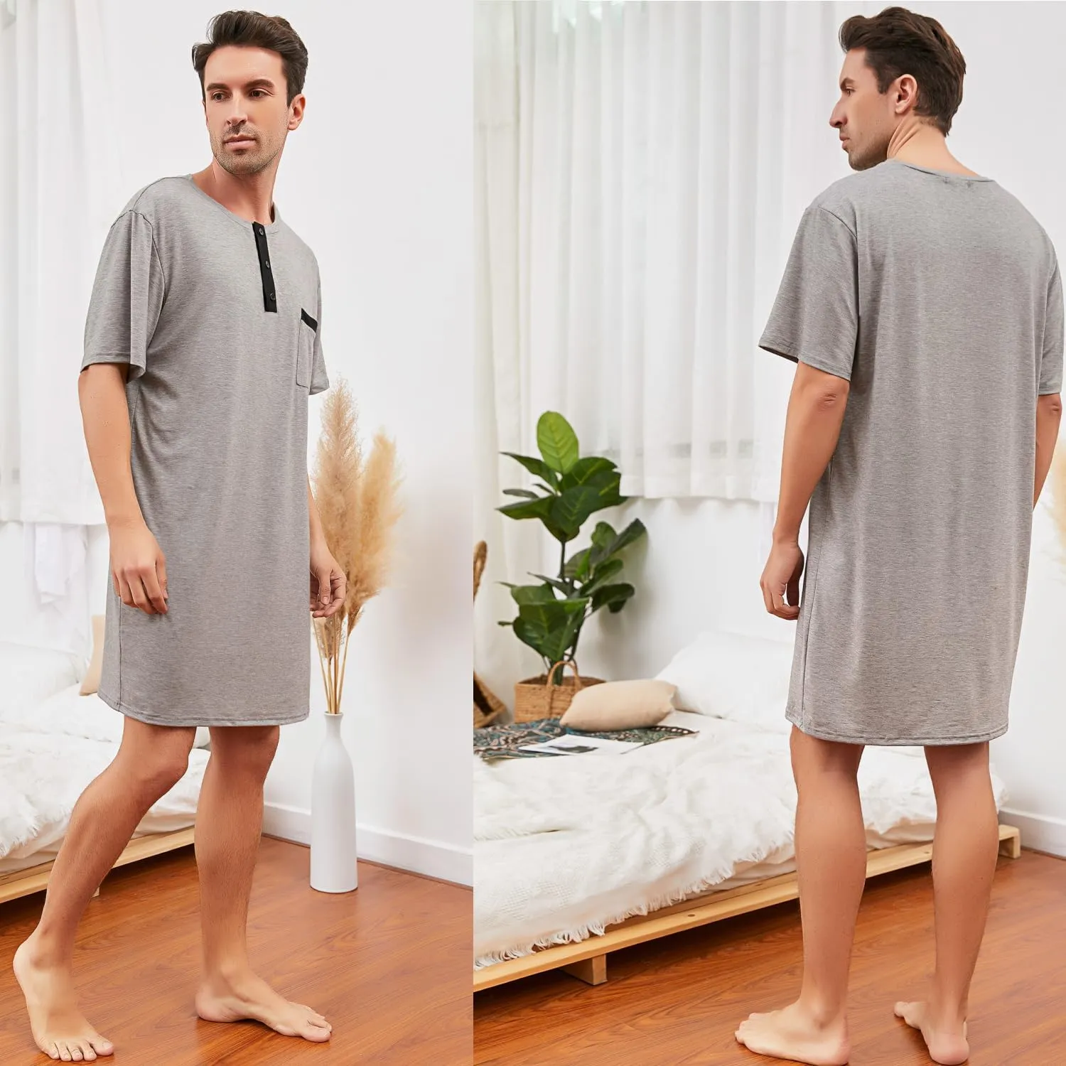 Men Short Sleeve Nightshirt Knee Length Nightgown Cotton Sleep Shirt Lounge Wear