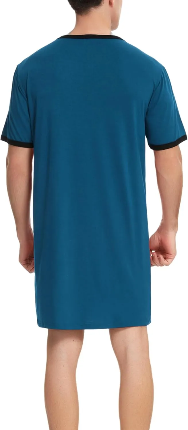 Men Short Sleeve Nightshirt Knee Length Nightgown Cotton Sleep Shirt Lounge Wear