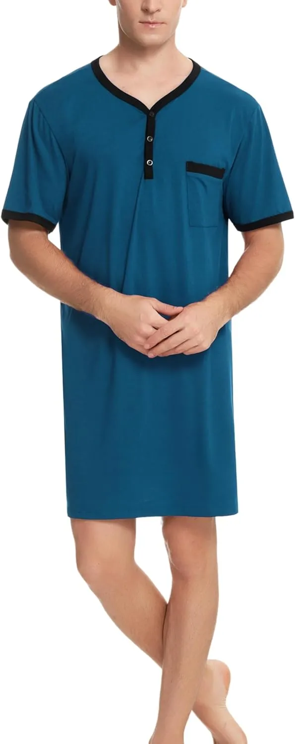 Men Short Sleeve Nightshirt Knee Length Nightgown Cotton Sleep Shirt Lounge Wear