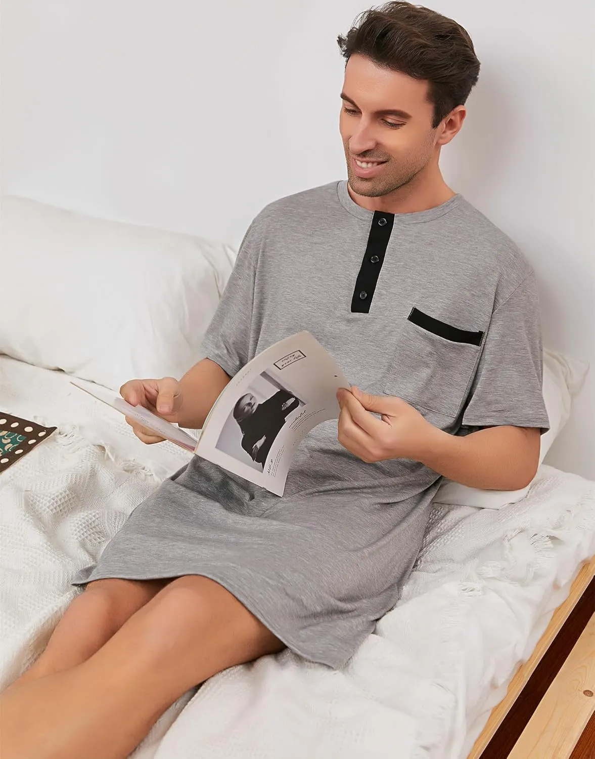 Men Short Sleeve Nightshirt Knee Length Nightgown Cotton Sleep Shirt Lounge Wear