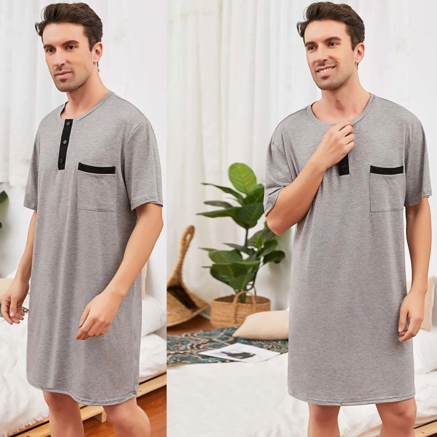 Men Short Sleeve Nightshirt Knee Length Nightgown Cotton Sleep Shirt Lounge Wear