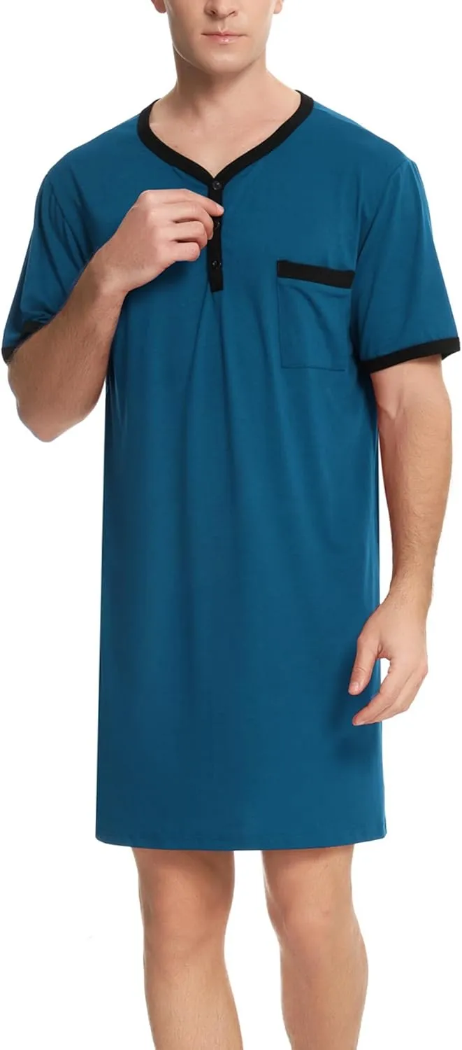 Men Short Sleeve Nightshirt Knee Length Nightgown Cotton Sleep Shirt Lounge Wear