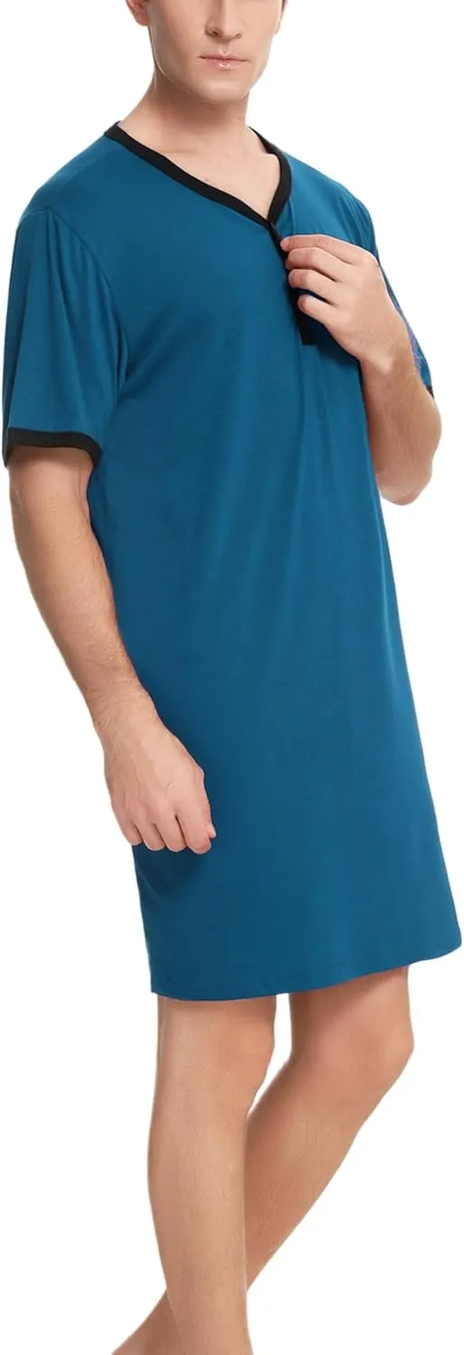 Men Short Sleeve Nightshirt Knee Length Nightgown Cotton Sleep Shirt Lounge Wear