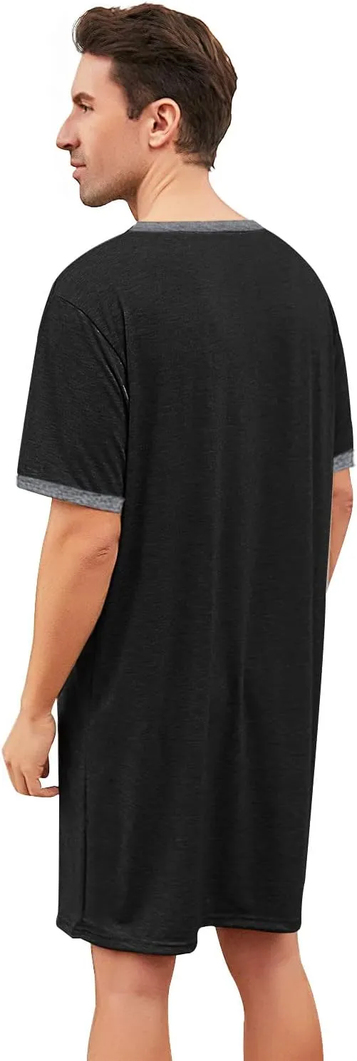 Men Short Sleeve Nightshirt Knee Length Nightgown Cotton Sleep Shirt Lounge Wear