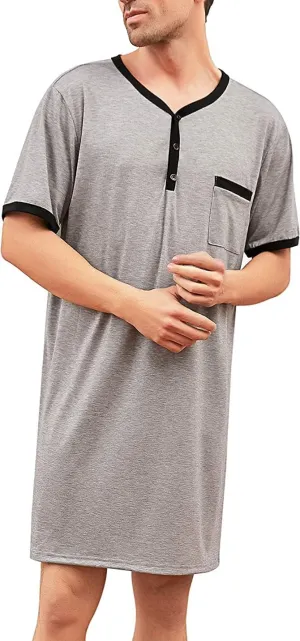 Men Short Sleeve Nightshirt Knee Length Nightgown Cotton Sleep Shirt Lounge Wear
