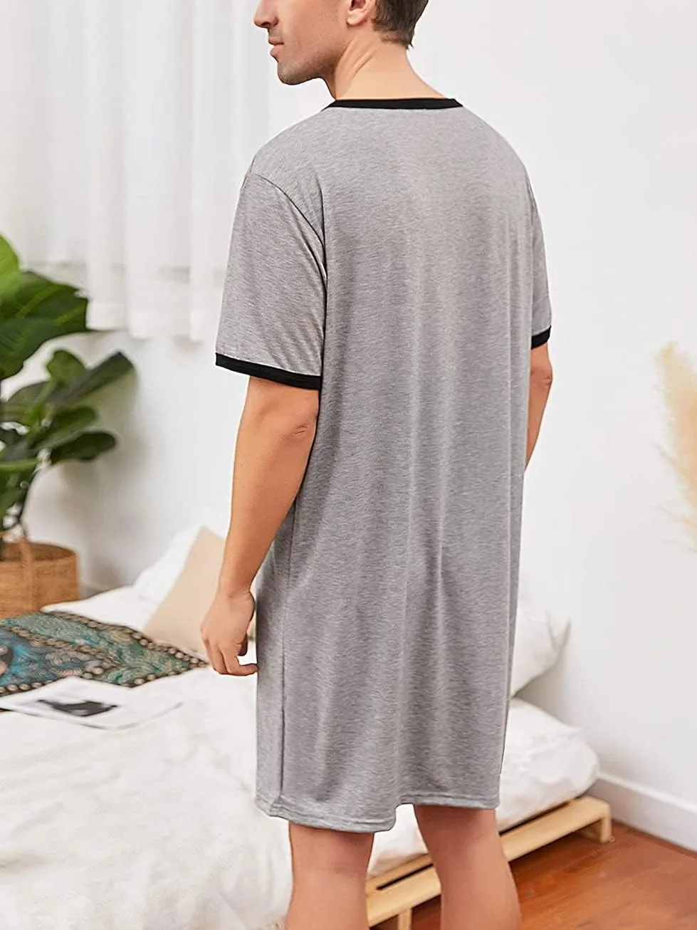 Men Short Sleeve Nightshirt Knee Length Nightgown Cotton Sleep Shirt Lounge Wear