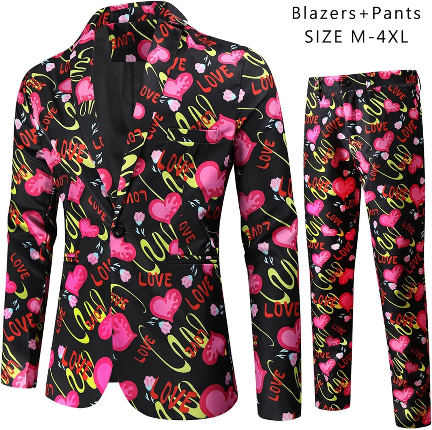 Mens 2 Piece Suit Skinny Printed Tuxedo Wedding Party Suits Slim Fit Cute Print Blazer and Pants Classic Fit Jacket