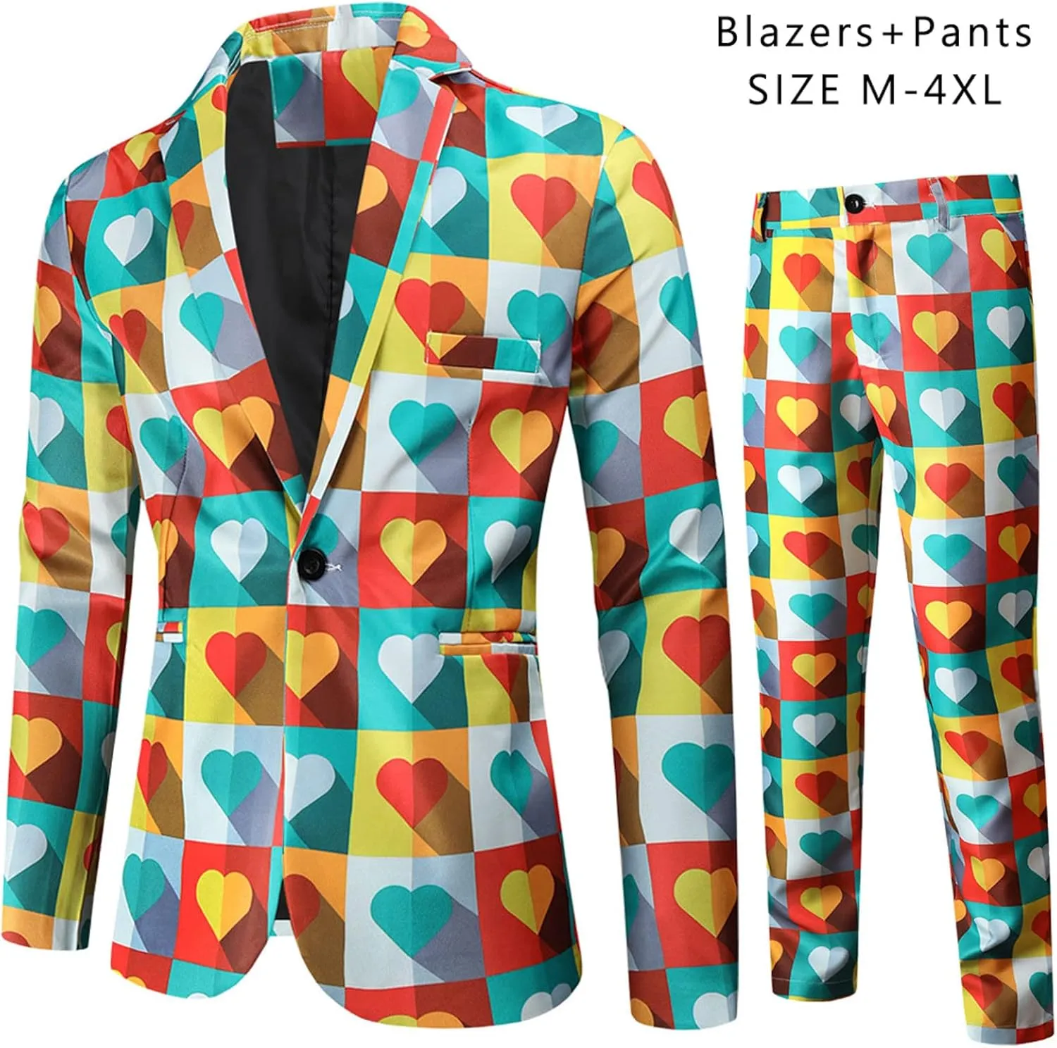 Mens 2 Piece Suit Skinny Printed Tuxedo Wedding Party Suits Slim Fit Cute Print Blazer and Pants Classic Fit Jacket
