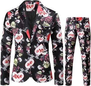 Mens 2 Piece Suit Skinny Printed Tuxedo Wedding Party Suits Slim Fit Cute Print Blazer and Pants Classic Fit Jacket