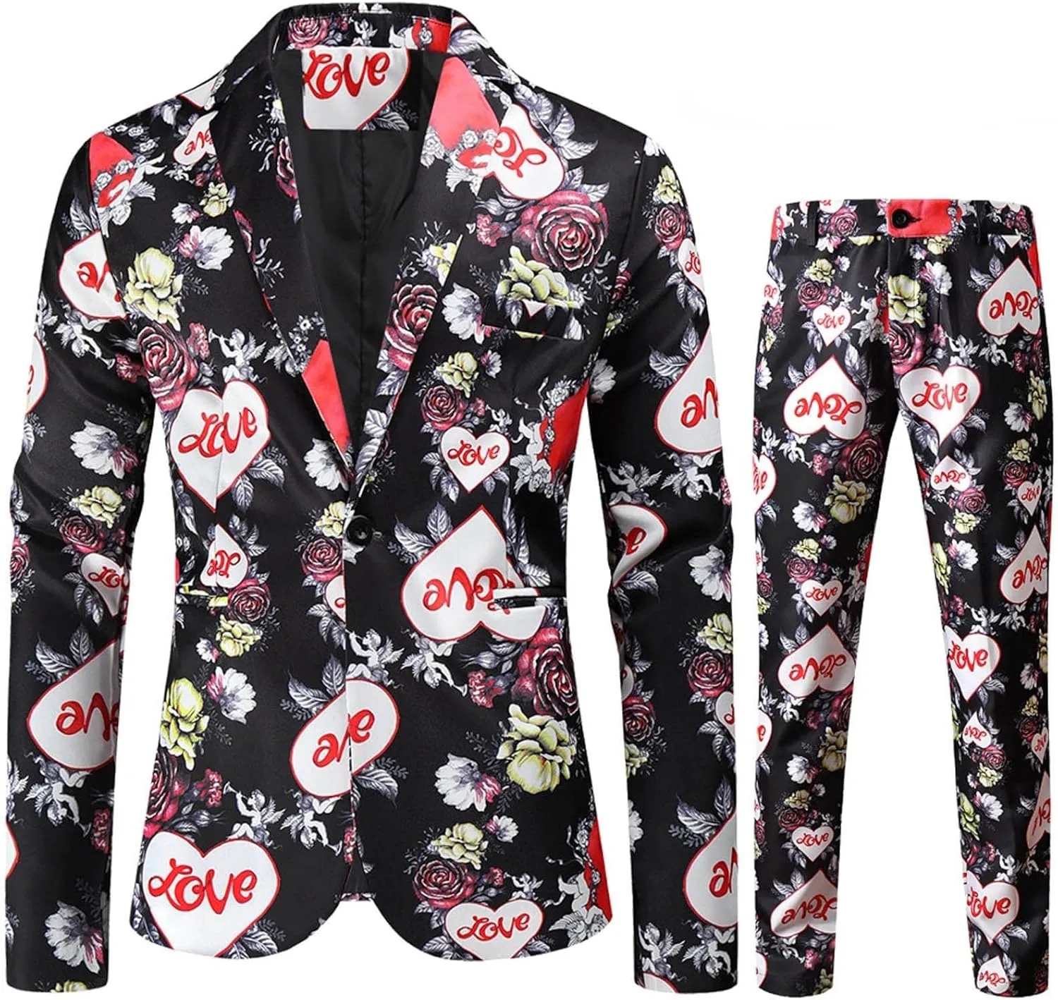 Mens 2 Piece Suit Skinny Printed Tuxedo Wedding Party Suits Slim Fit Cute Print Blazer and Pants Classic Fit Jacket