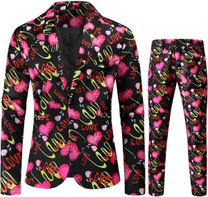 Mens 2 Piece Suit Skinny Printed Tuxedo Wedding Party Suits Slim Fit Cute Print Blazer and Pants Classic Fit Jacket