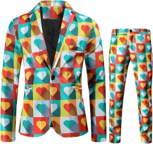 Mens 2 Piece Suit Skinny Printed Tuxedo Wedding Party Suits Slim Fit Cute Print Blazer and Pants Classic Fit Jacket