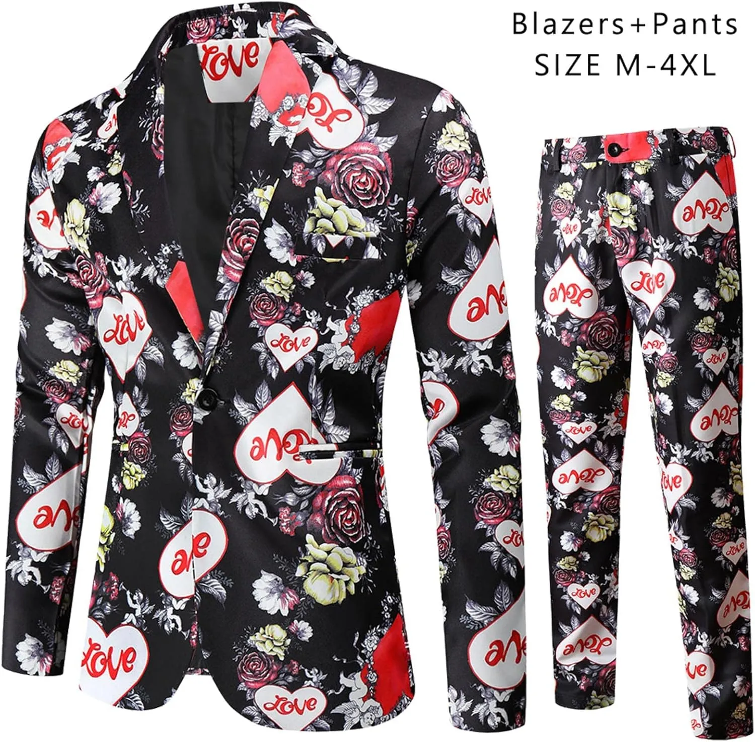Mens 2 Piece Suit Skinny Printed Tuxedo Wedding Party Suits Slim Fit Cute Print Blazer and Pants Classic Fit Jacket