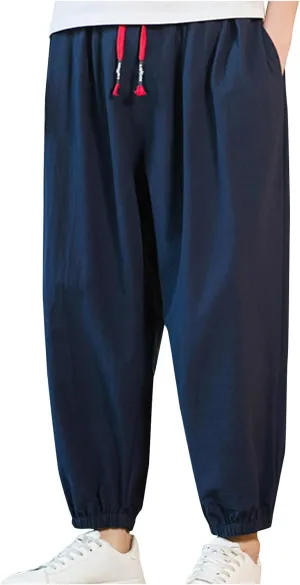 Mens Beach Pants Outdoor Loose Fit Casual Cotton Linen Yoga Pant Summer Elastic Waist Drawstring Trousers Pockets