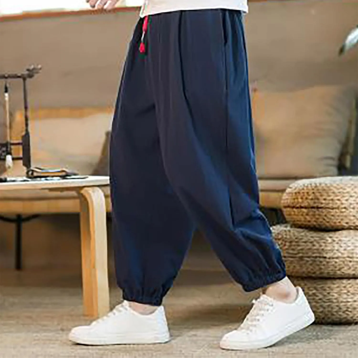 Mens Beach Pants Outdoor Loose Fit Casual Cotton Linen Yoga Pant Summer Elastic Waist Drawstring Trousers Pockets