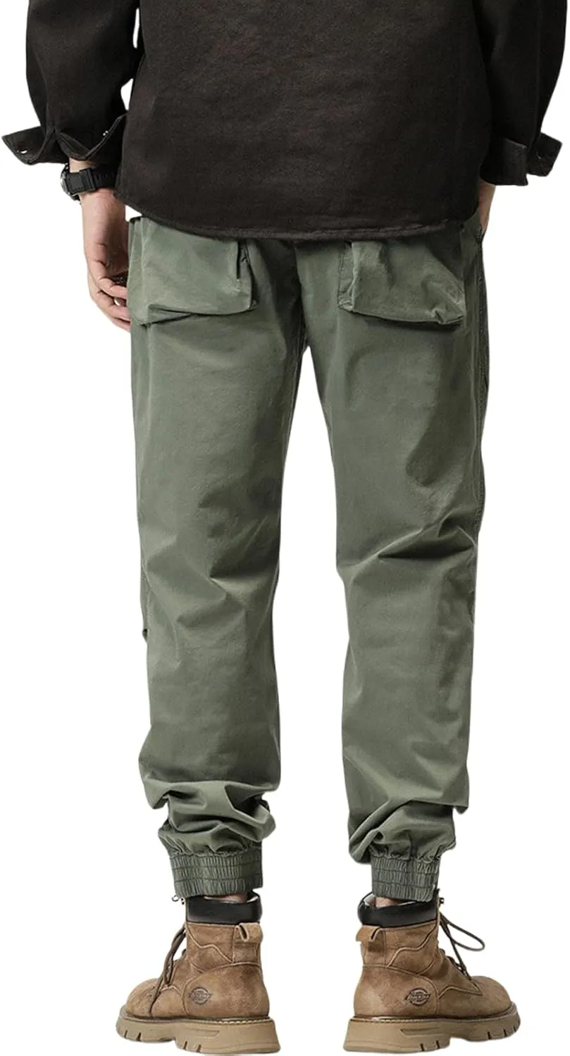 Men's Casual Cotton Pants Regular Fit Elastic Waist Drawstring Pants Straight Leg Chino Pants