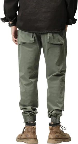 Men's Casual Cotton Pants Regular Fit Elastic Waist Drawstring Pants Straight Leg Chino Pants