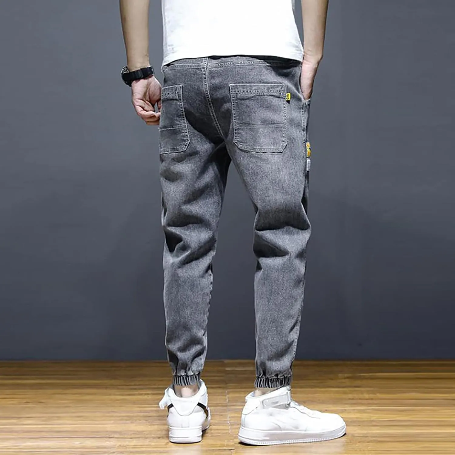Mens Casual Drawstring Elastic Waist Pencil Pants Streetwear Cuff Trousers Jeans