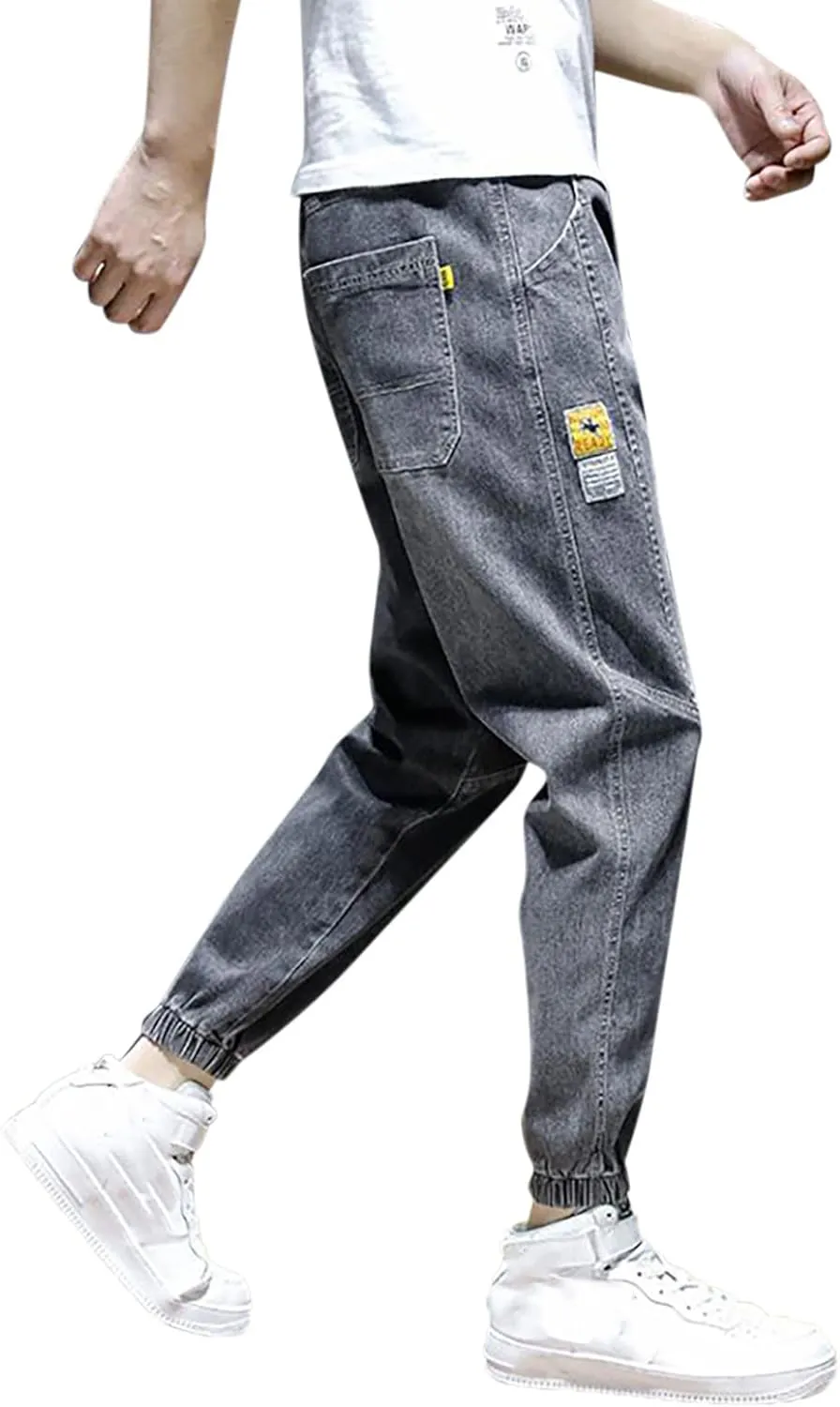 Mens Casual Drawstring Elastic Waist Pencil Pants Streetwear Cuff Trousers Jeans