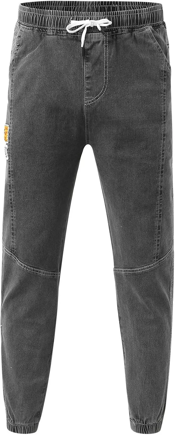 Mens Casual Drawstring Elastic Waist Pencil Pants Streetwear Cuff Trousers Jeans