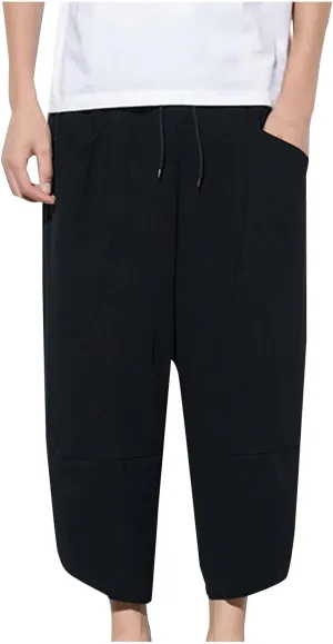 Men's Casual Elastic Waist Linen Capri Pants Classic Drawstring Elastic Waist Wide Leg Baggy Solid Yoga Trousers