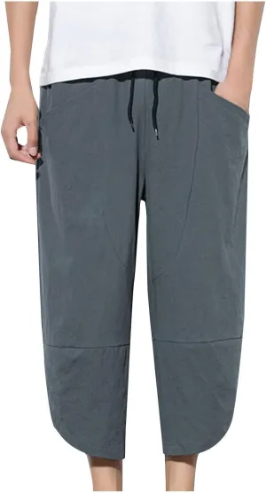 Men's Casual Elastic Waist Linen Capri Pants Classic Drawstring Elastic Waist Wide Leg Baggy Solid Yoga Trousers