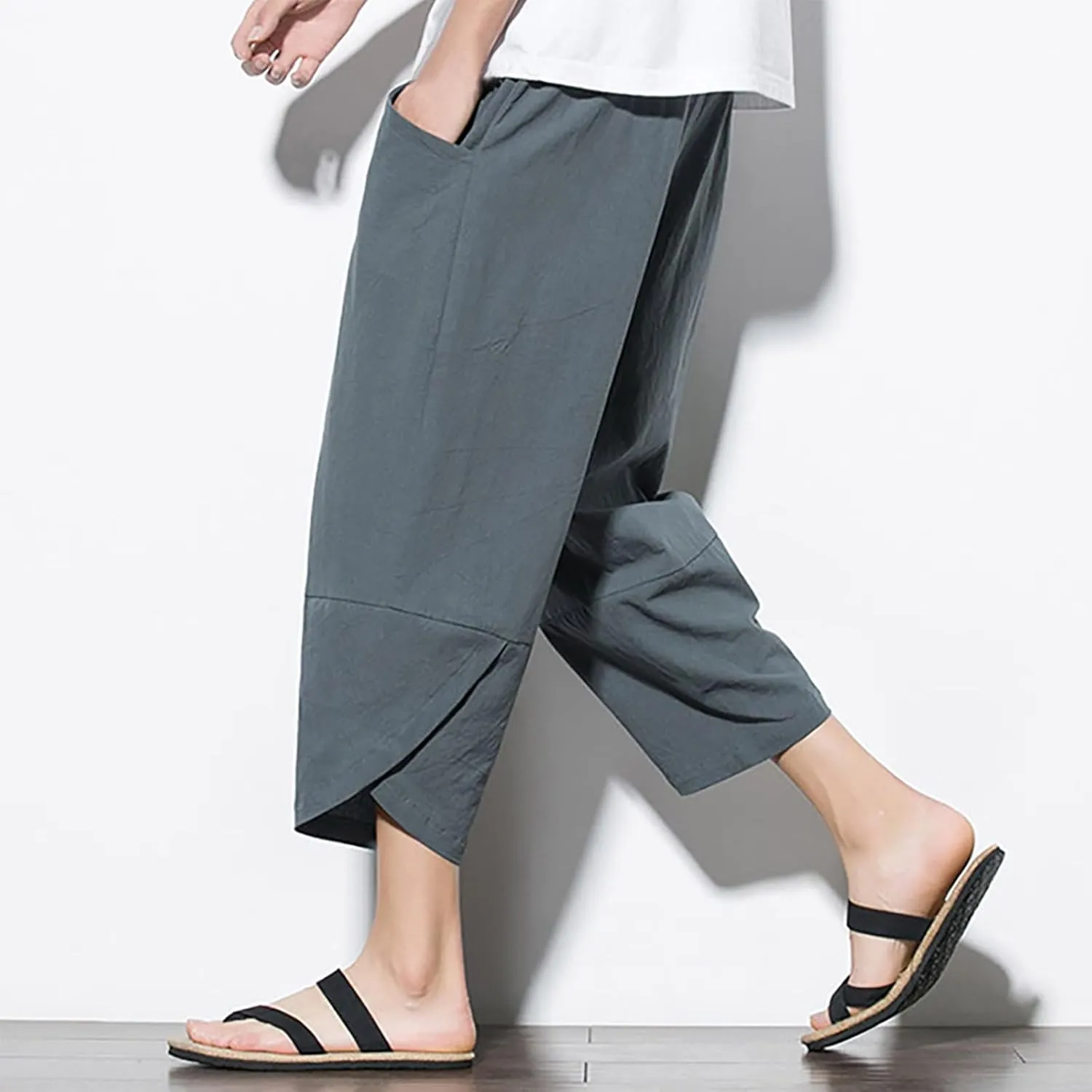 Men's Casual Elastic Waist Linen Capri Pants Classic Drawstring Elastic Waist Wide Leg Baggy Solid Yoga Trousers