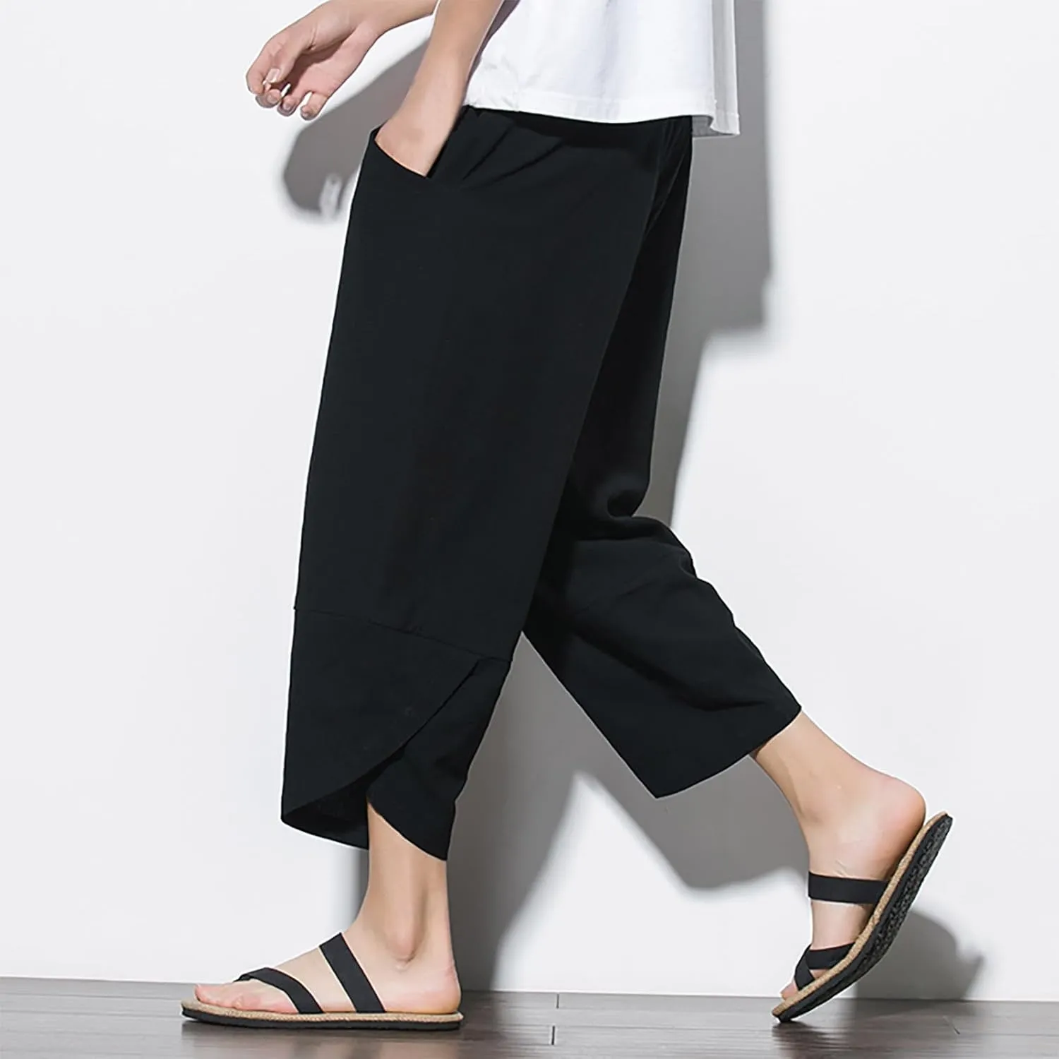 Men's Casual Elastic Waist Linen Capri Pants Classic Drawstring Elastic Waist Wide Leg Baggy Solid Yoga Trousers