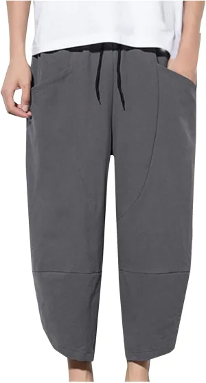 Men's Casual Elastic Waist Linen Capri Pants Classic Drawstring Elastic Waist Wide Leg Baggy Solid Yoga Trousers