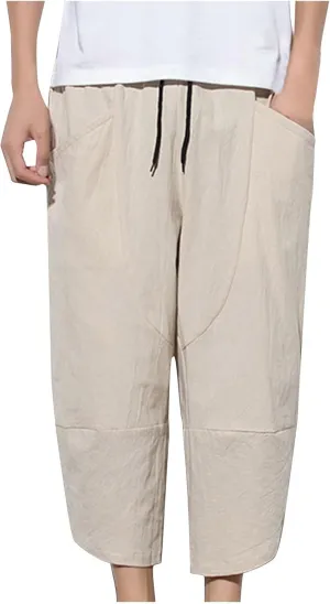 Men's Casual Elastic Waist Linen Capri Pants Classic Drawstring Elastic Waist Wide Leg Baggy Solid Yoga Trousers