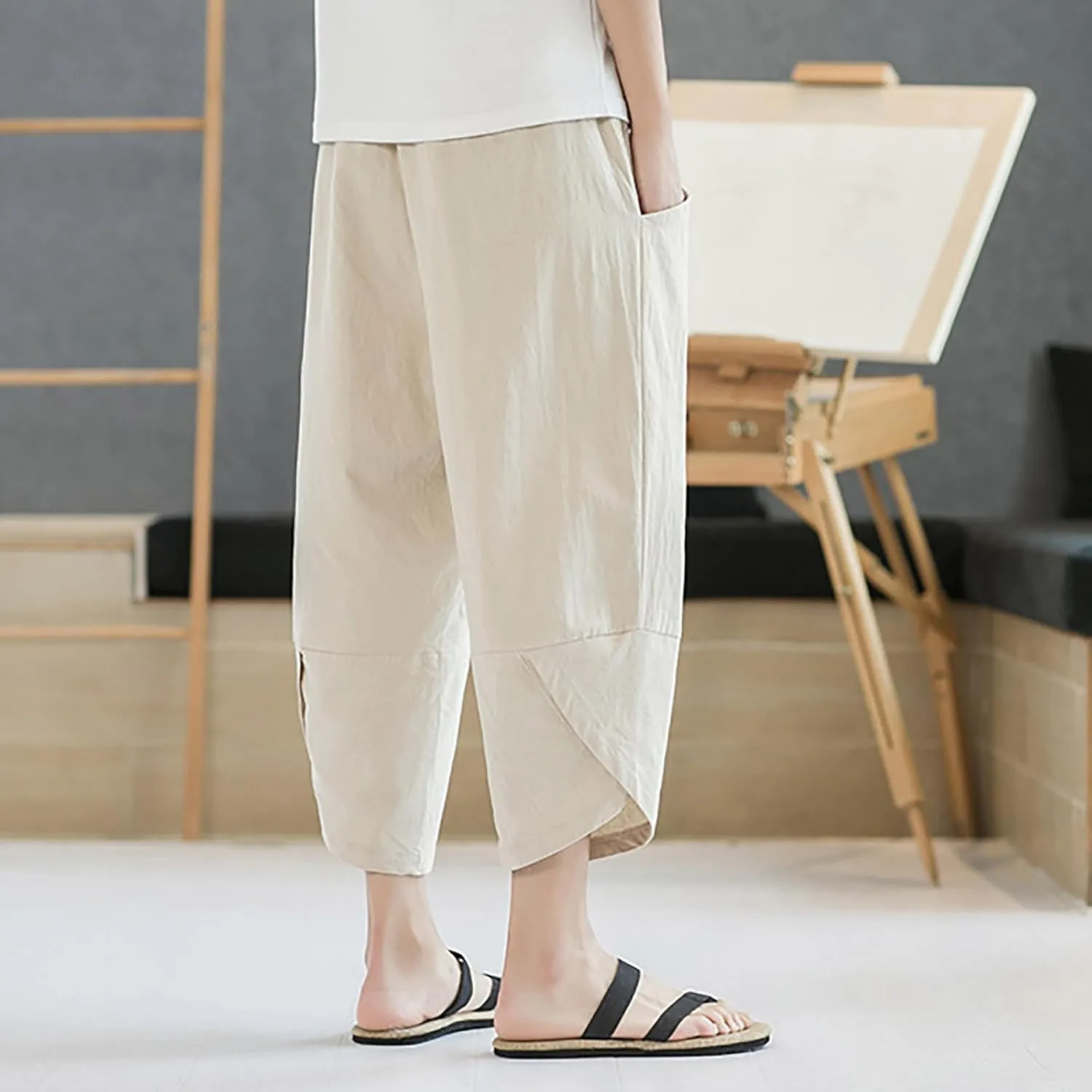 Men's Casual Elastic Waist Linen Capri Pants Classic Drawstring Elastic Waist Wide Leg Baggy Solid Yoga Trousers
