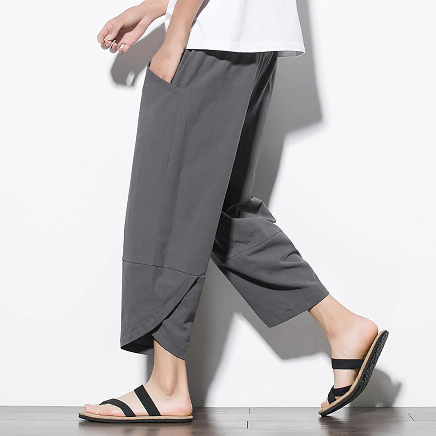 Men's Casual Elastic Waist Linen Capri Pants Classic Drawstring Elastic Waist Wide Leg Baggy Solid Yoga Trousers