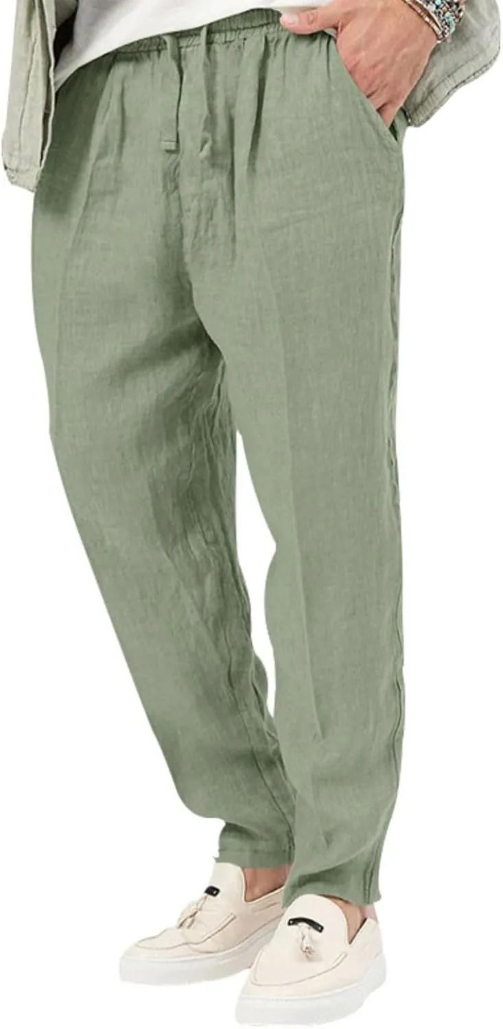 Mens Casual Lightweight Linen Pants Elastic Waist Drawstring Trousers Summer Beach Yoga Pants