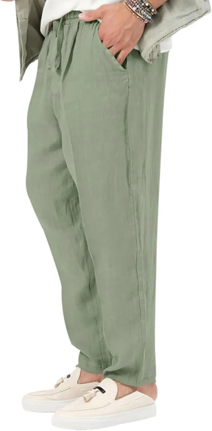 Mens Casual Lightweight Linen Pants Elastic Waist Drawstring Trousers Summer Beach Yoga Pants