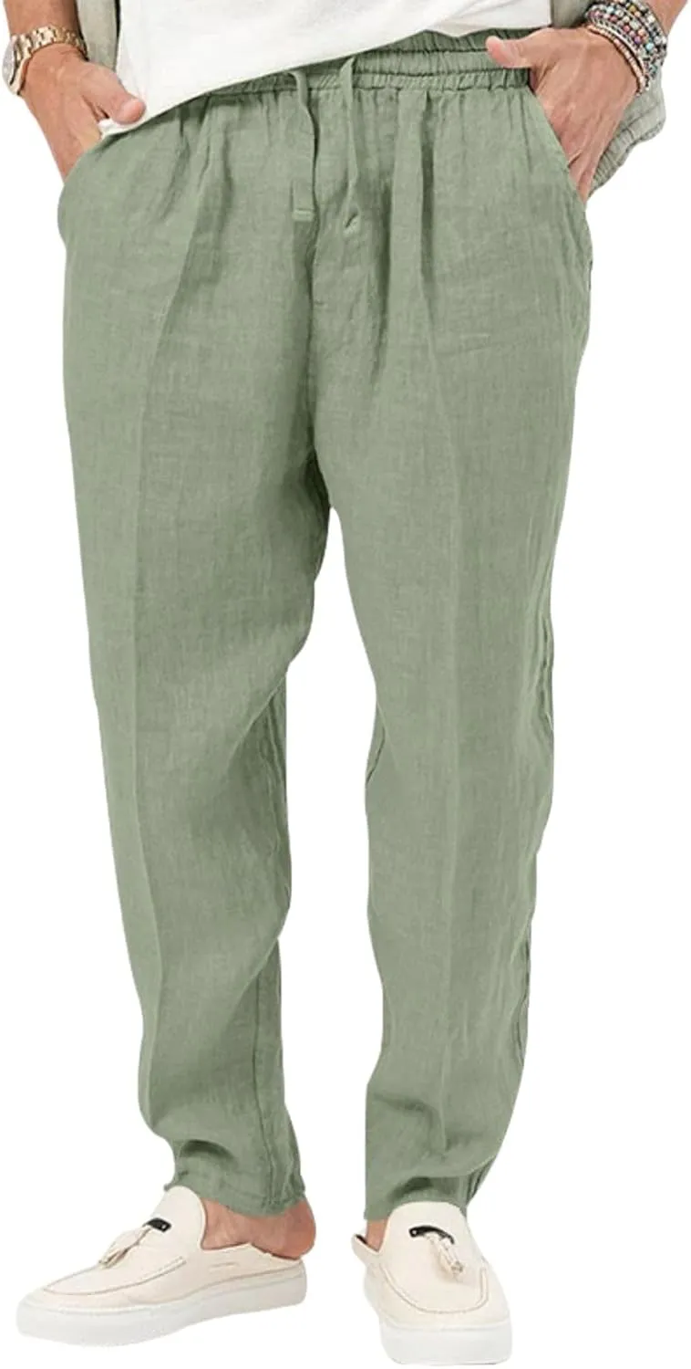 Mens Casual Lightweight Linen Pants Elastic Waist Drawstring Trousers Summer Beach Yoga Pants