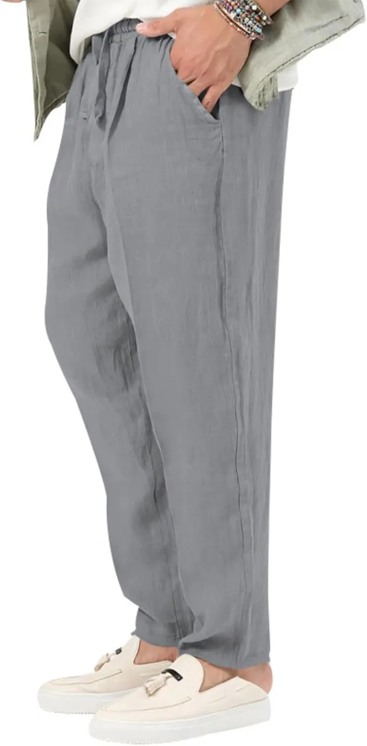 Mens Casual Lightweight Linen Pants Elastic Waist Drawstring Trousers Summer Beach Yoga Pants
