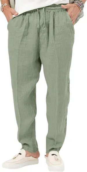 Mens Casual Lightweight Linen Pants Elastic Waist Drawstring Trousers Summer Beach Yoga Pants