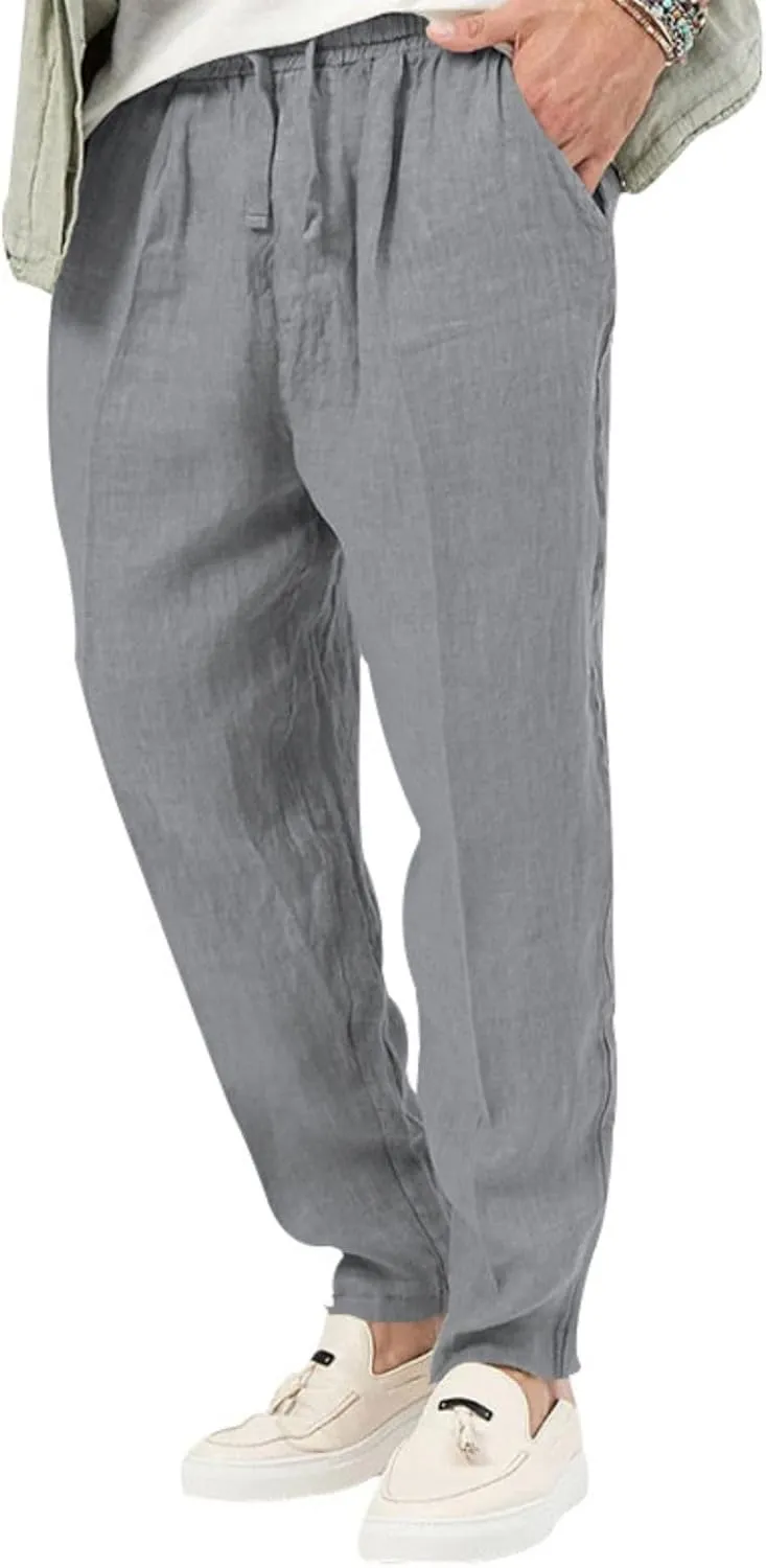 Mens Casual Lightweight Linen Pants Elastic Waist Drawstring Trousers Summer Beach Yoga Pants
