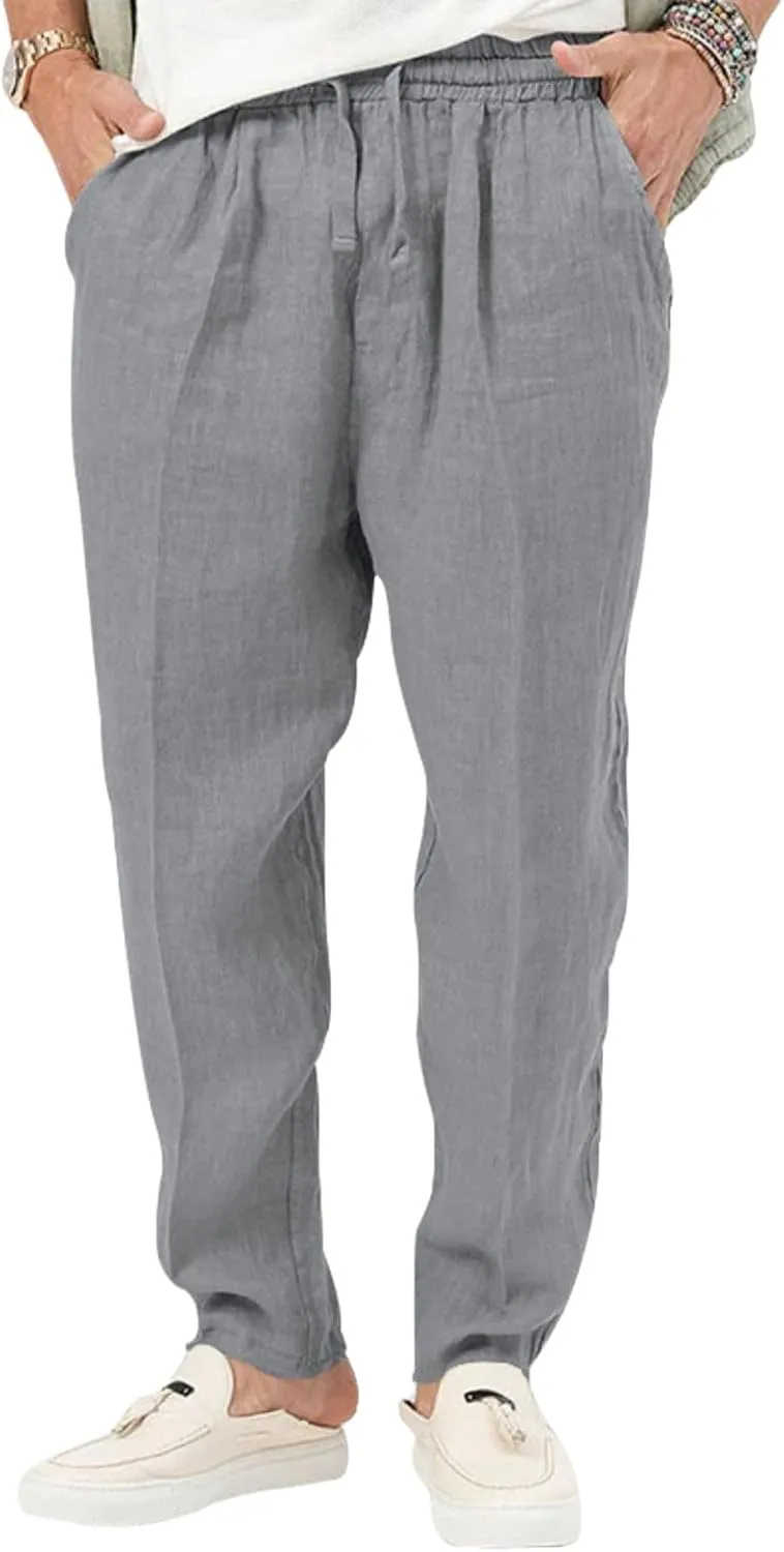 Mens Casual Lightweight Linen Pants Elastic Waist Drawstring Trousers Summer Beach Yoga Pants