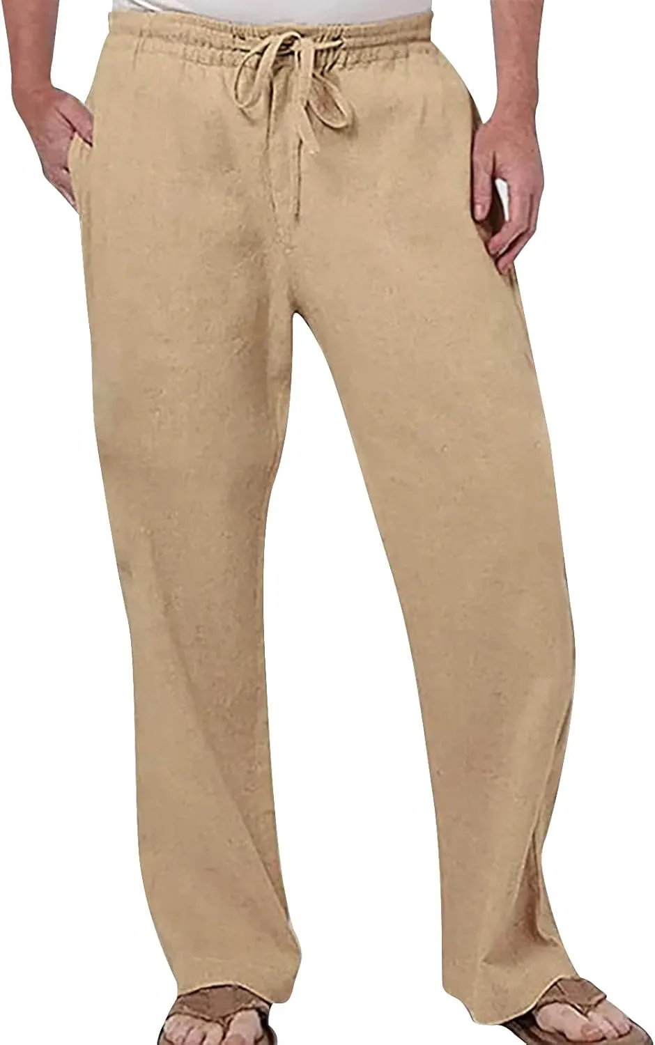 Men's Casual Linen Pants Drawstring Elastic Waist Summer Yoga Beach Pants Lightweight Loose Trousers