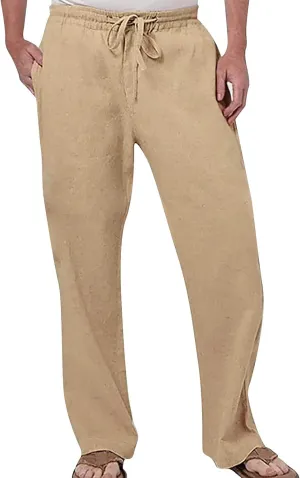 Men's Casual Linen Pants Drawstring Elastic Waist Summer Yoga Beach Pants Lightweight Loose Trousers