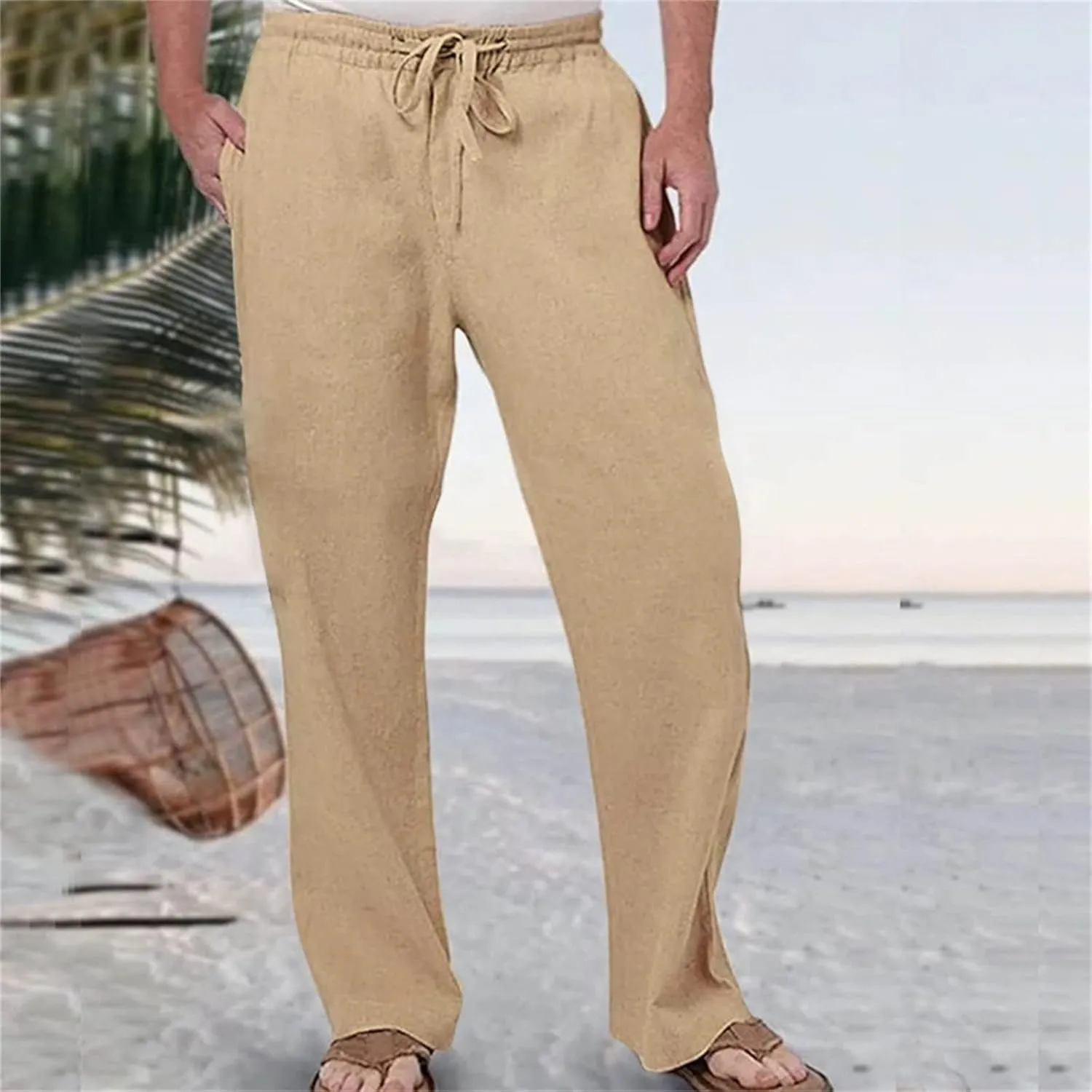Men's Casual Linen Pants Drawstring Elastic Waist Summer Yoga Beach Pants Lightweight Loose Trousers
