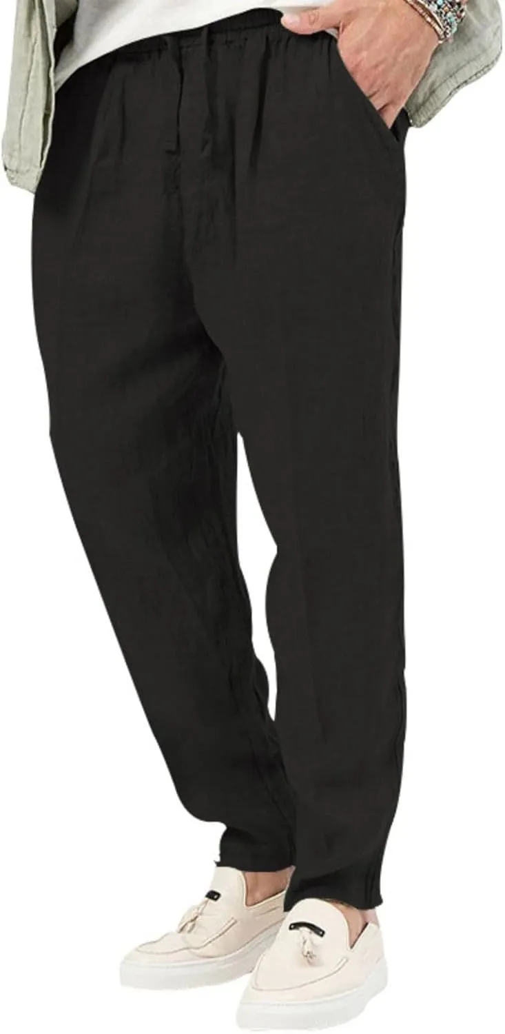 Mens Casual Linen Pants Lightweight Elastic Waist Drawstring Trousers Summer Beach Yoga Pants