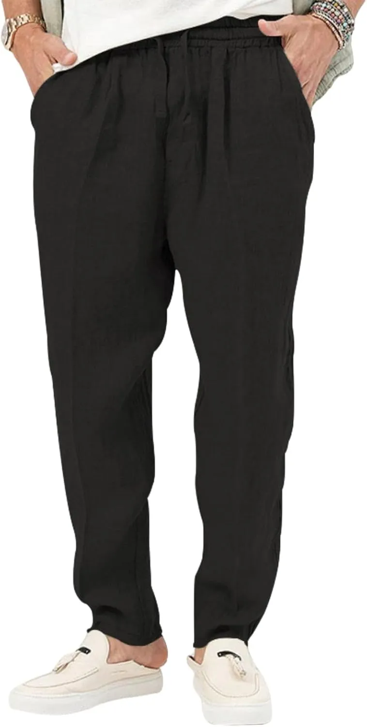 Mens Casual Linen Pants Lightweight Elastic Waist Drawstring Trousers Summer Beach Yoga Pants